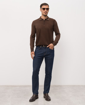 Stefano Ricci Brown striped wool, silk and cashmere polo shirt KE08023P30E26373