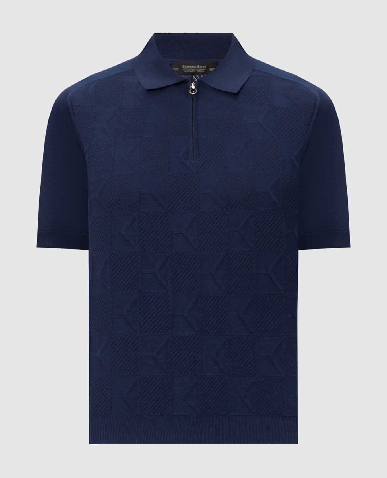 Blue polo shirt with woven pattern