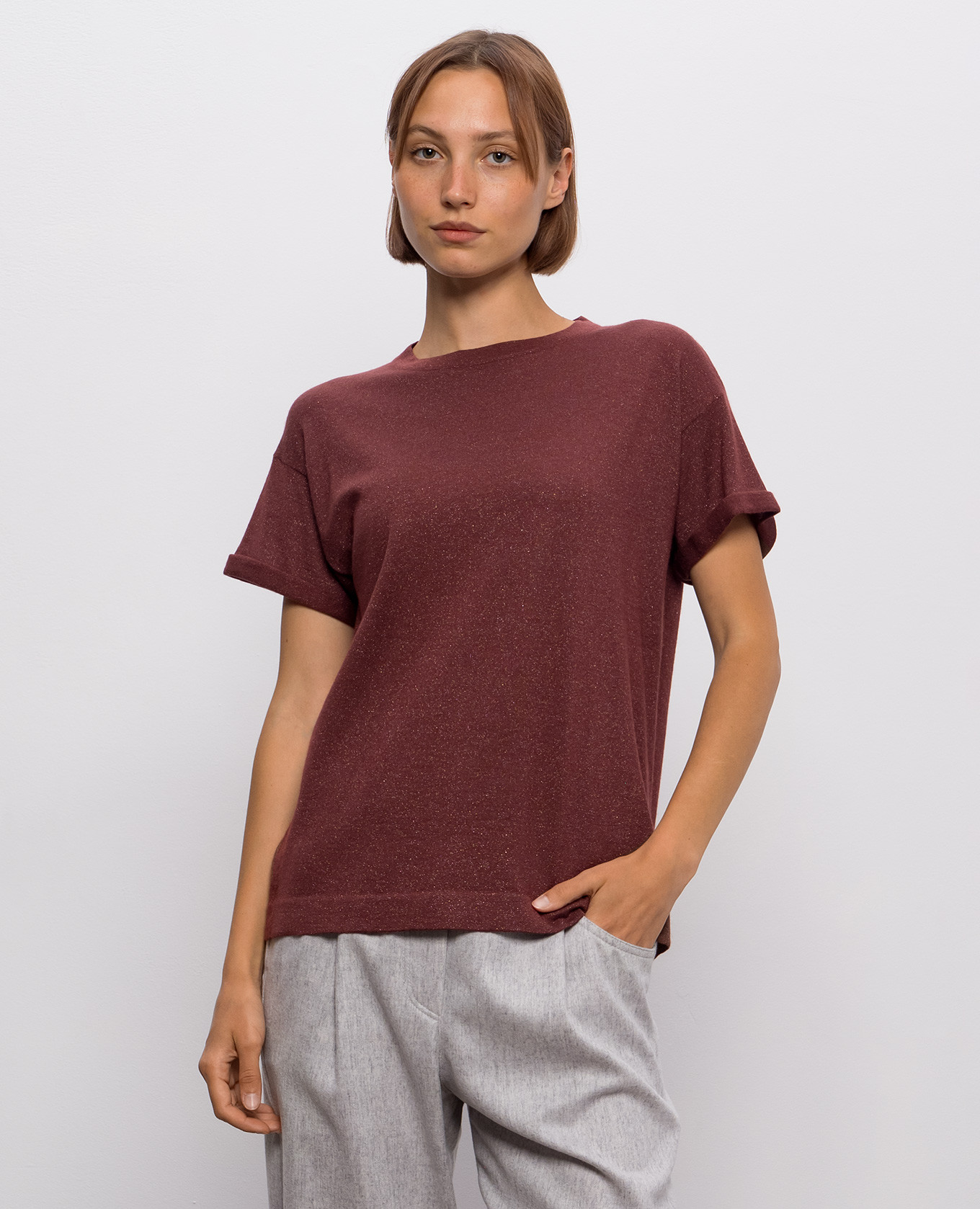 

Burgundy cashmere and silk t-shirt with lapels Brunello Cucinelli