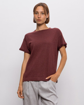 Brunello Cucinelli Burgundy cashmere and silk t-shirt with lapels M41810000P
