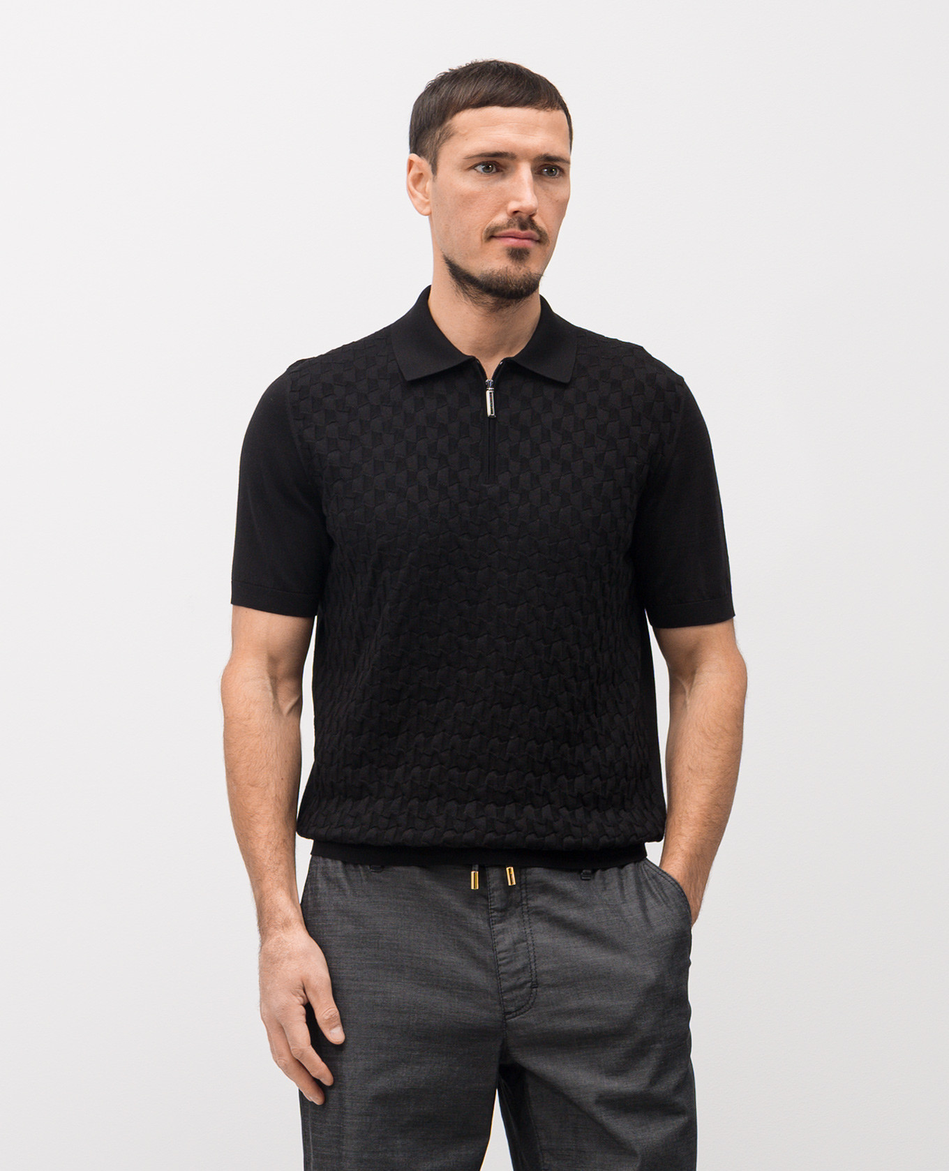 

Black polo shirt with patterned silk Stefano Ricci