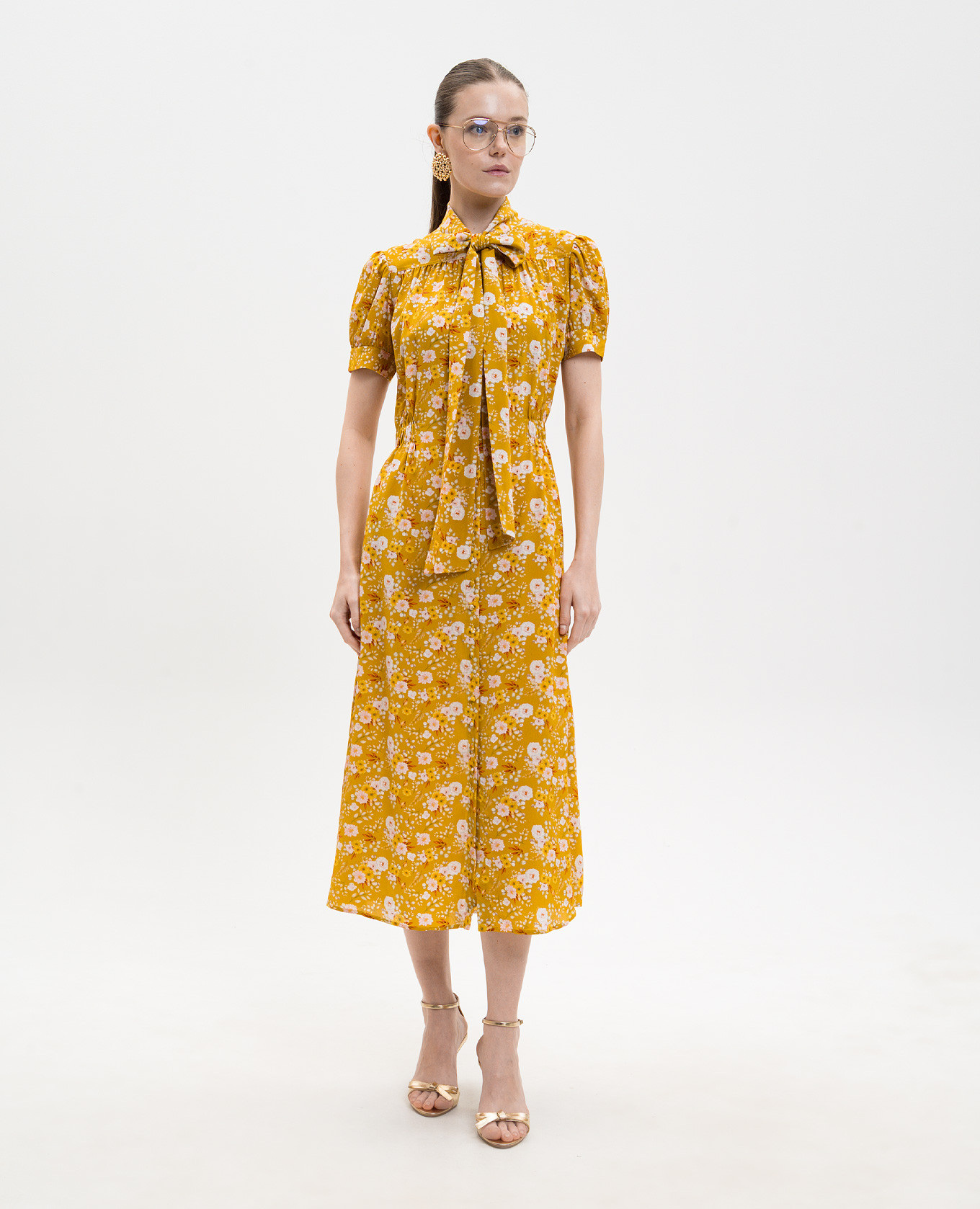 

Yellow floral silk dress with ascot collar Jacob Lee