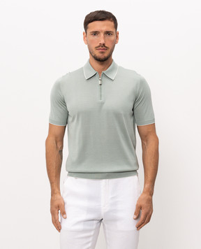 Stefano Ricci Green silk polo shirt with crocodile leather inserts K616006Z41F26102