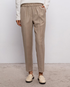 Peserico Brown striped wool pants with monil chain A0407203362