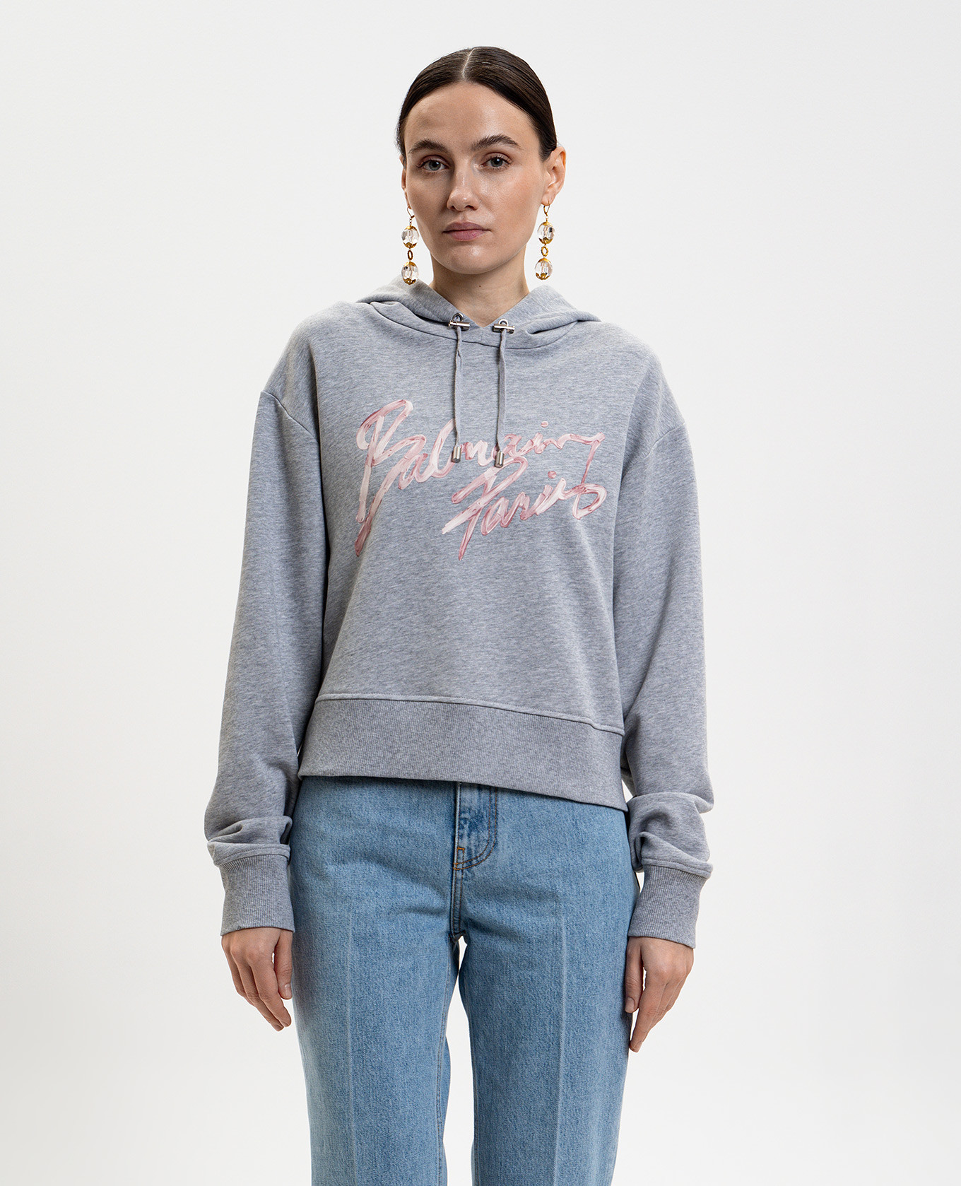 

Grey melange hoodie with logo print Balmain