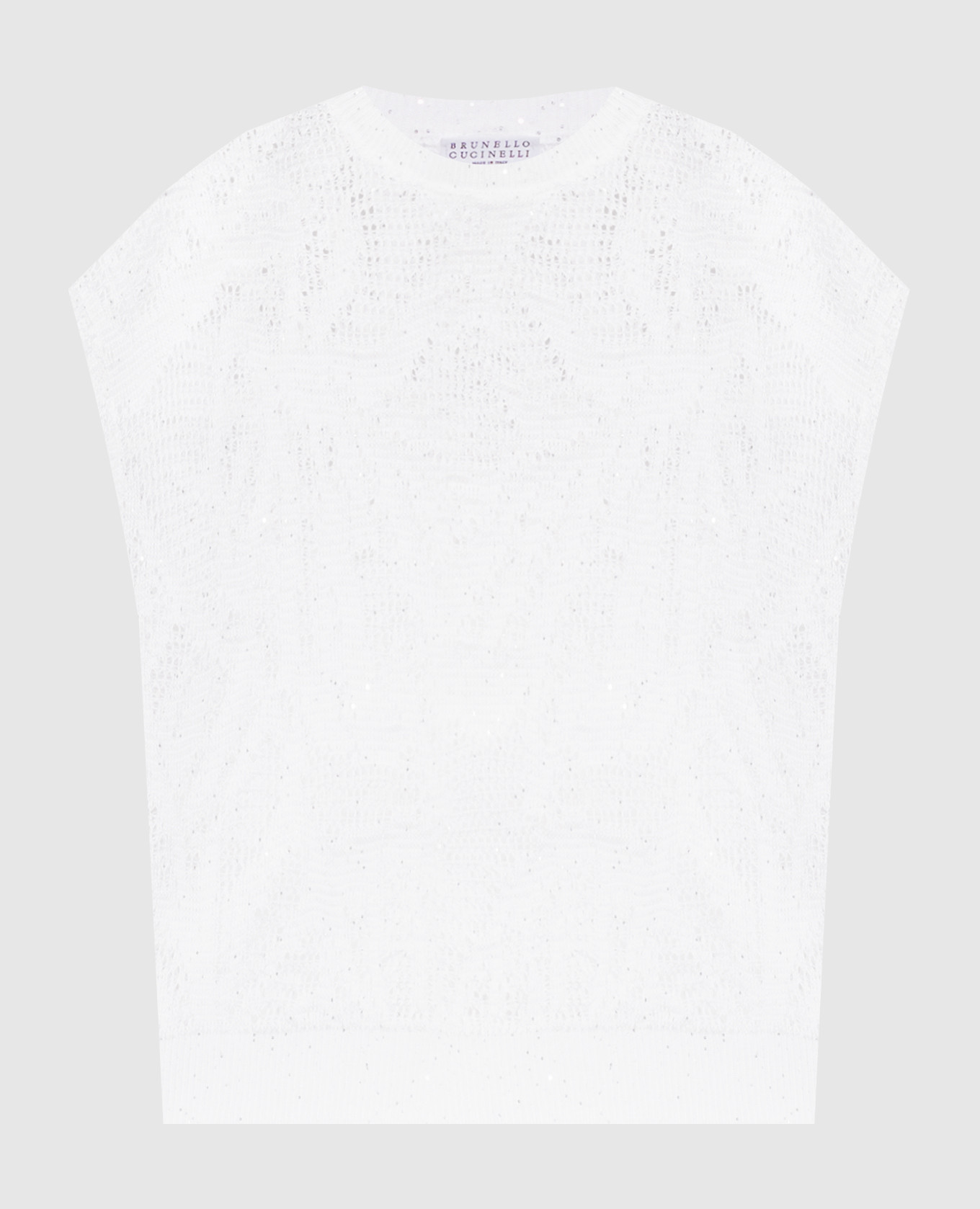 White openwork linen vest with sequins