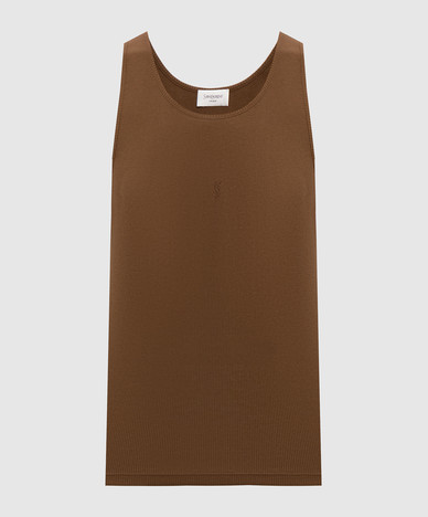 Brown ribbed tank top with embroidered monogram logo
