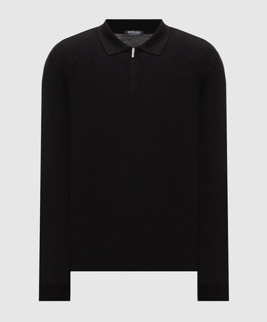 Black wool and silk polo with textured pattern