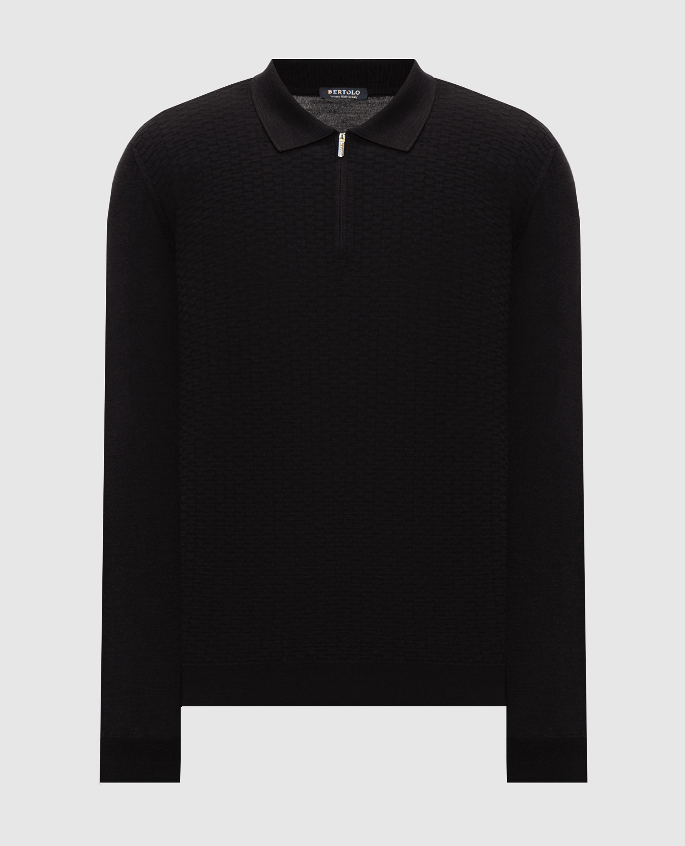 Black wool and silk polo with textured pattern
