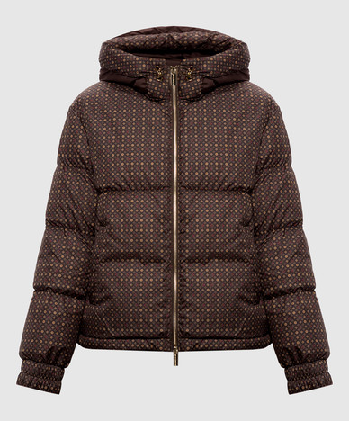 Brown down jacket with branded print