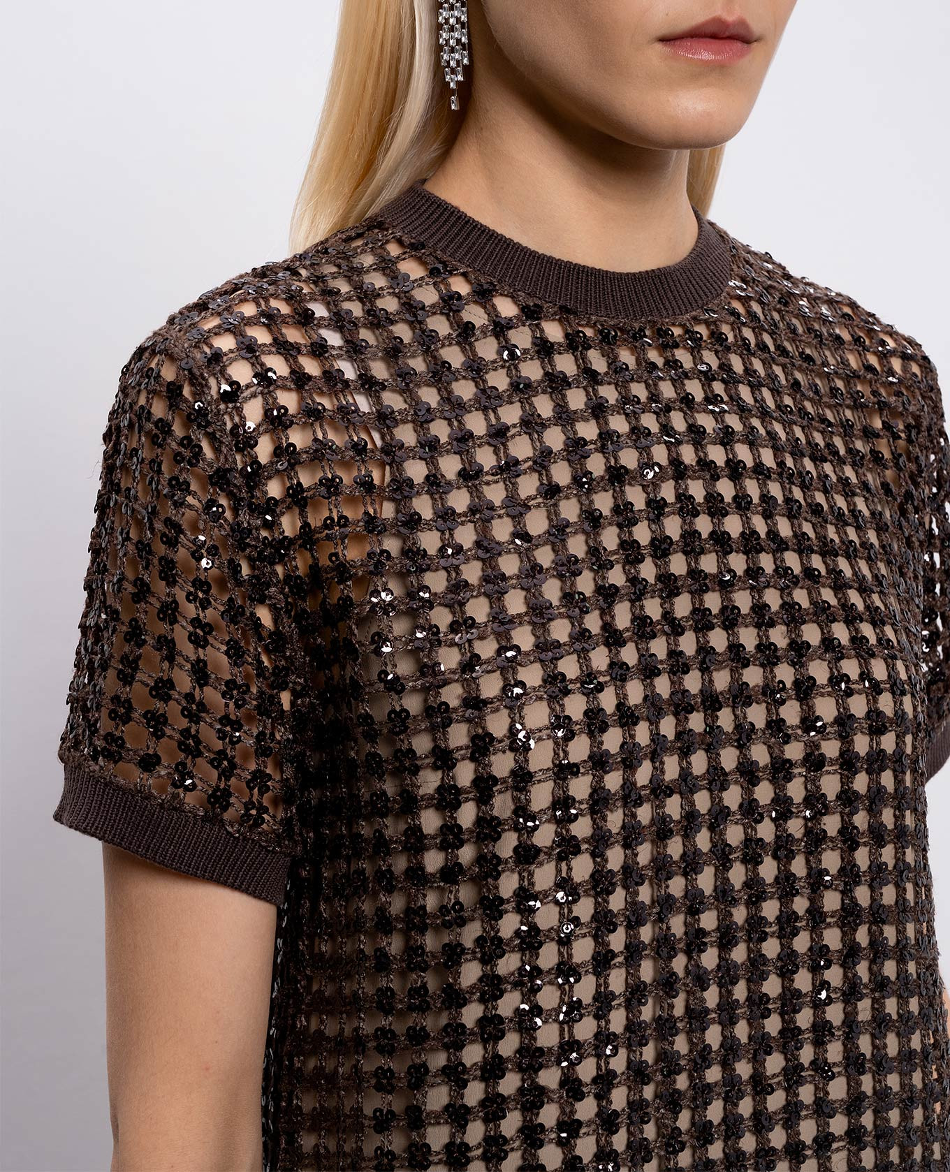 

Brown openwork silk and linen dress with sequins Brunello Cucinelli