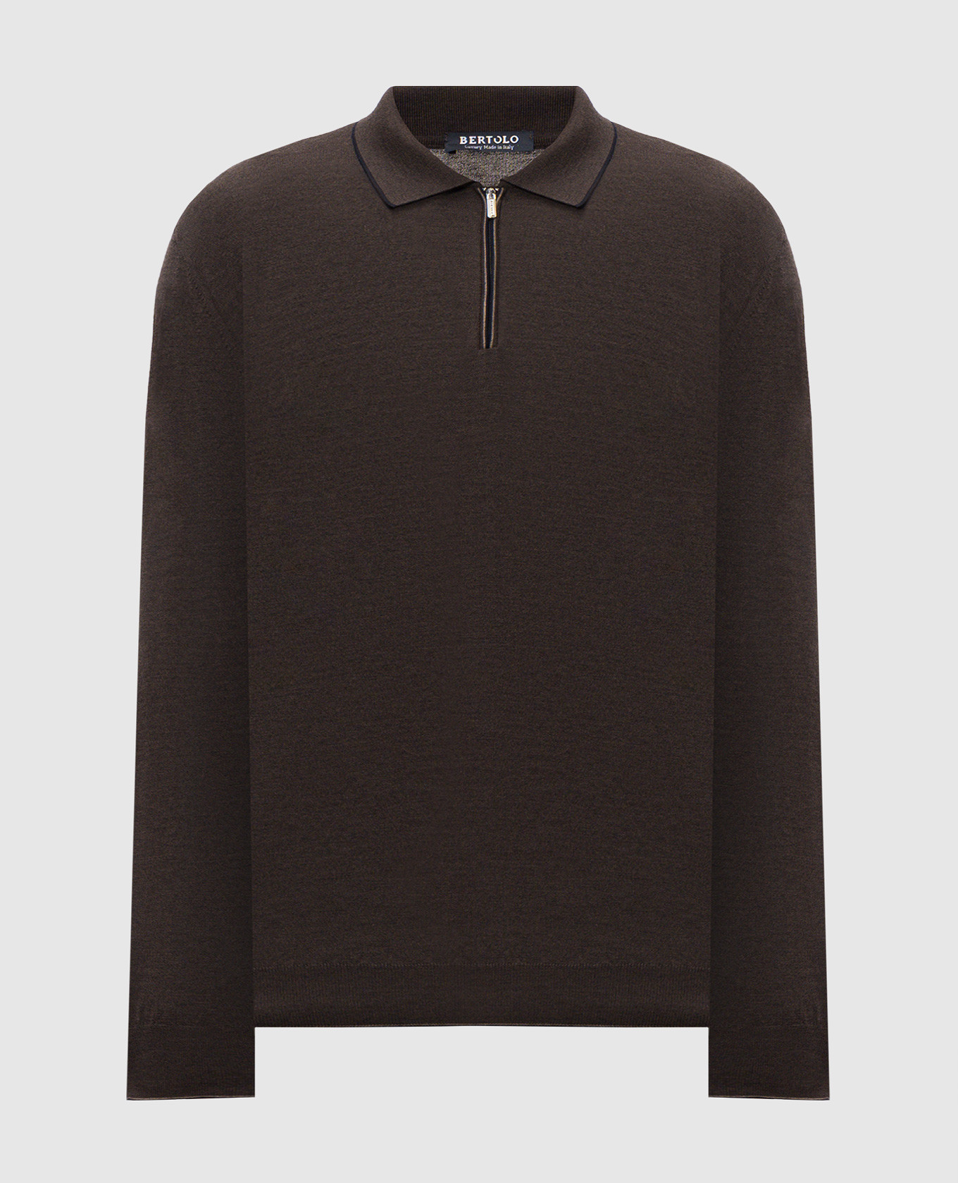 Brown silk and wool zip-up polo shirt