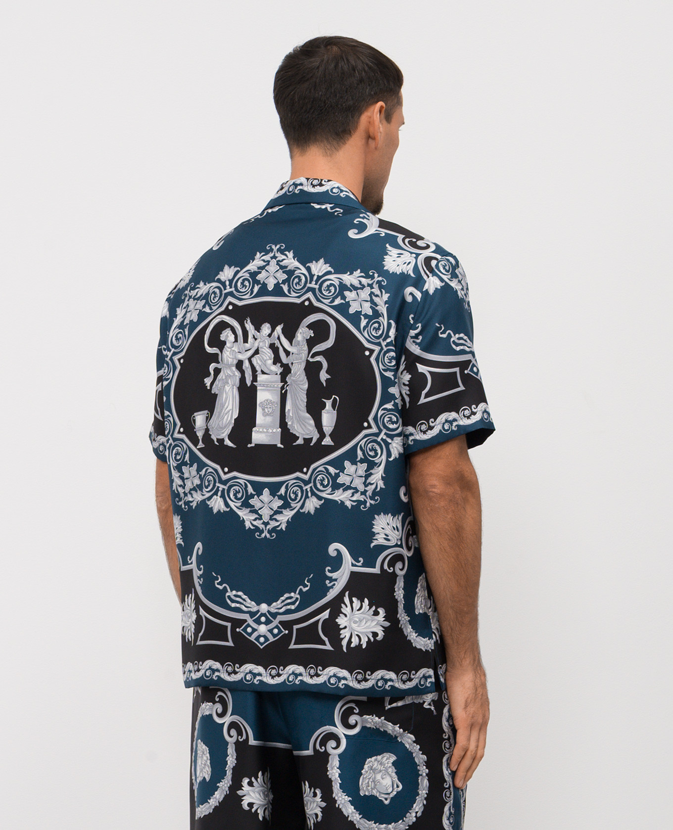 

Blue silk shirt with Hall of Heroes print Versace