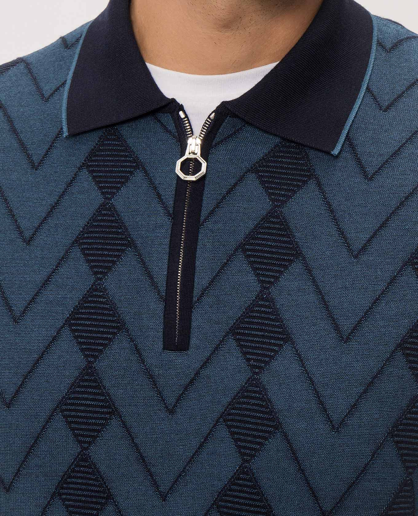 Blue wool and silk polo shirt with geometric pattern Stefano Ricci 5
