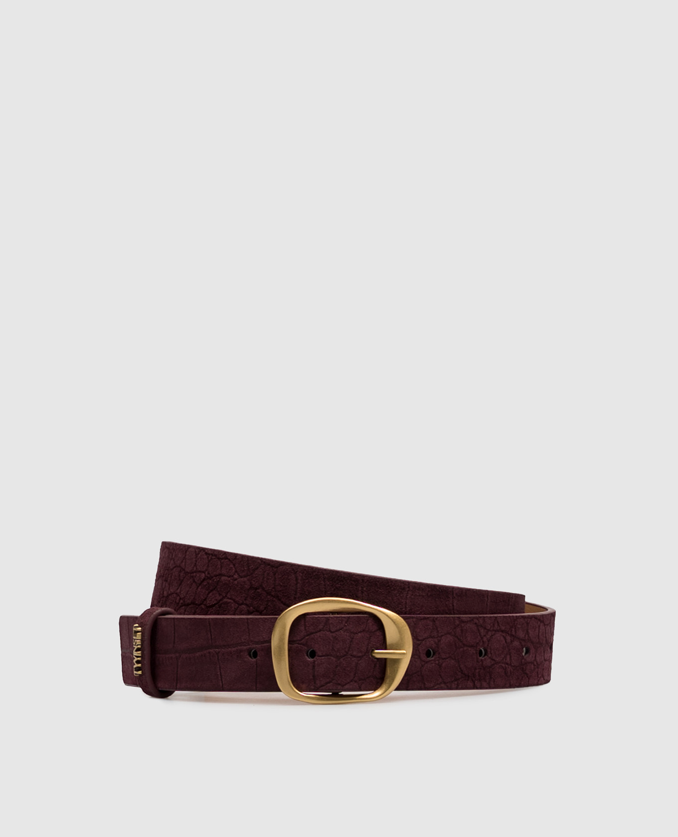 Burgundy suede belt with crocodile embossed pattern