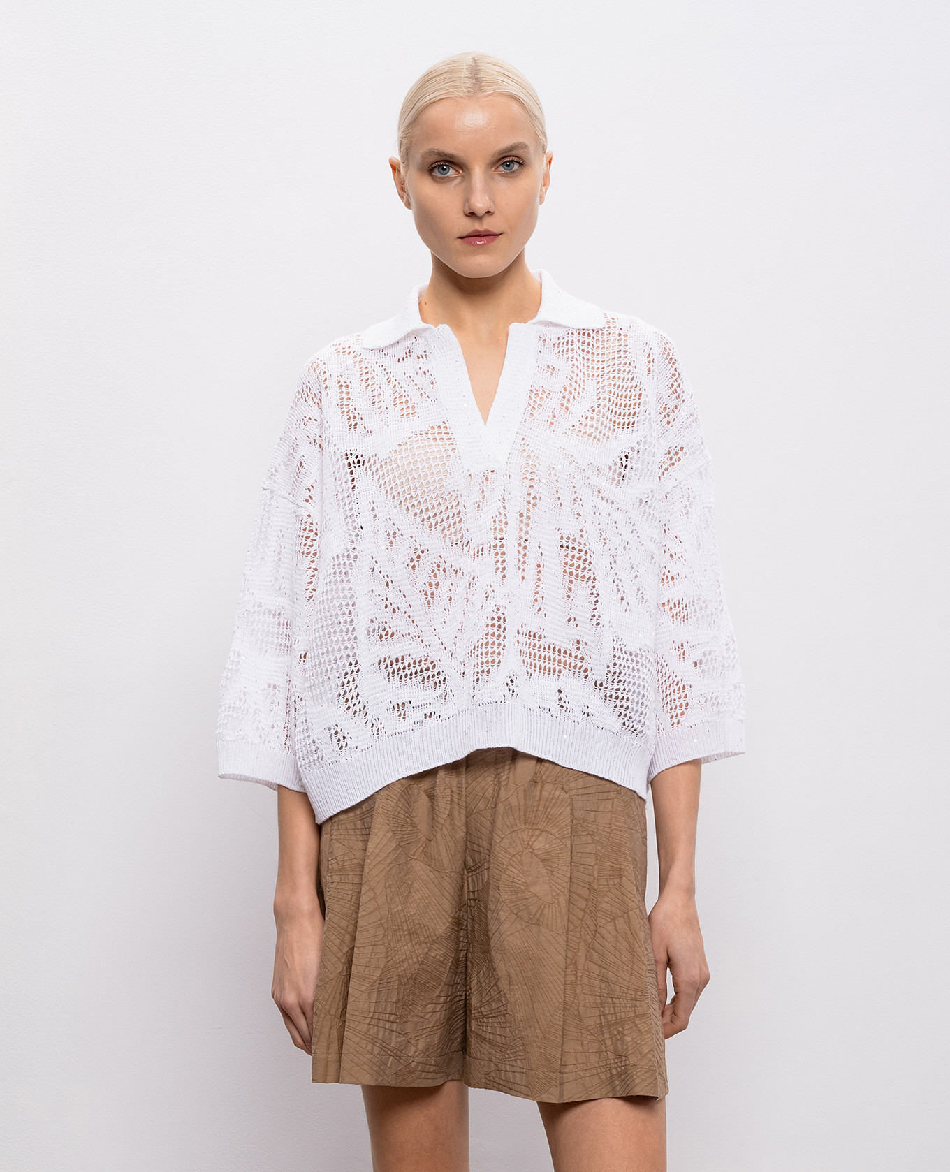 

White openwork linen pullover with polo collar Brunello Cucinelli
