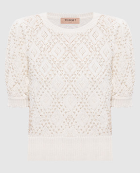 Twinset White openwork sweater with beads 261TP3201