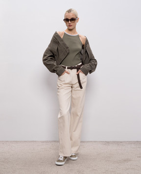 Brunello Cucinelli Khaki ribbed T-shirt with monil chain MG902DO320