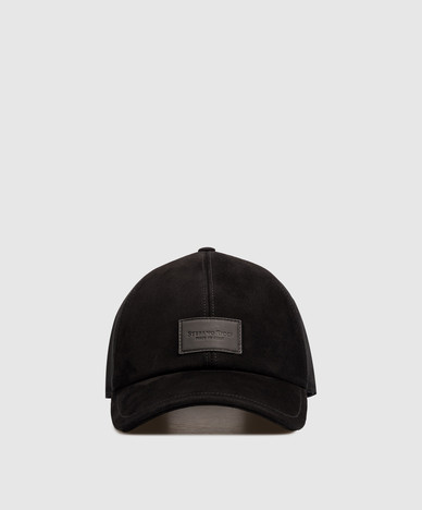 Black suede cap with logo patch