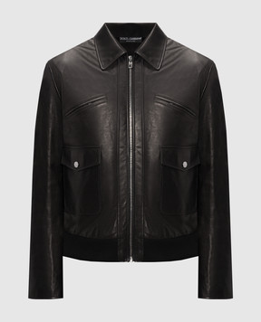 Dolce&Gabbana Black leather jacket with metal plate G9CFULHULQX