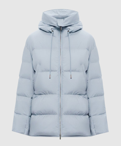 Blue down jacket with embroidered emblem