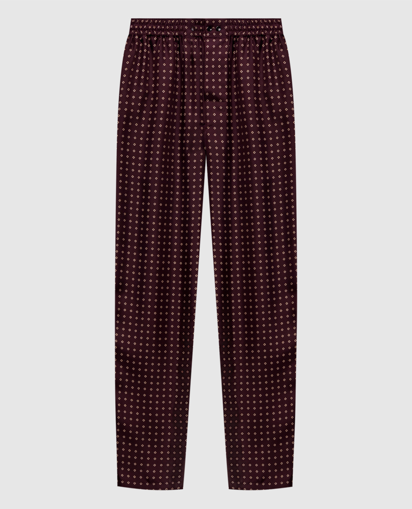 Burgunderfarbene Seidenhose mit geometrischem Muster