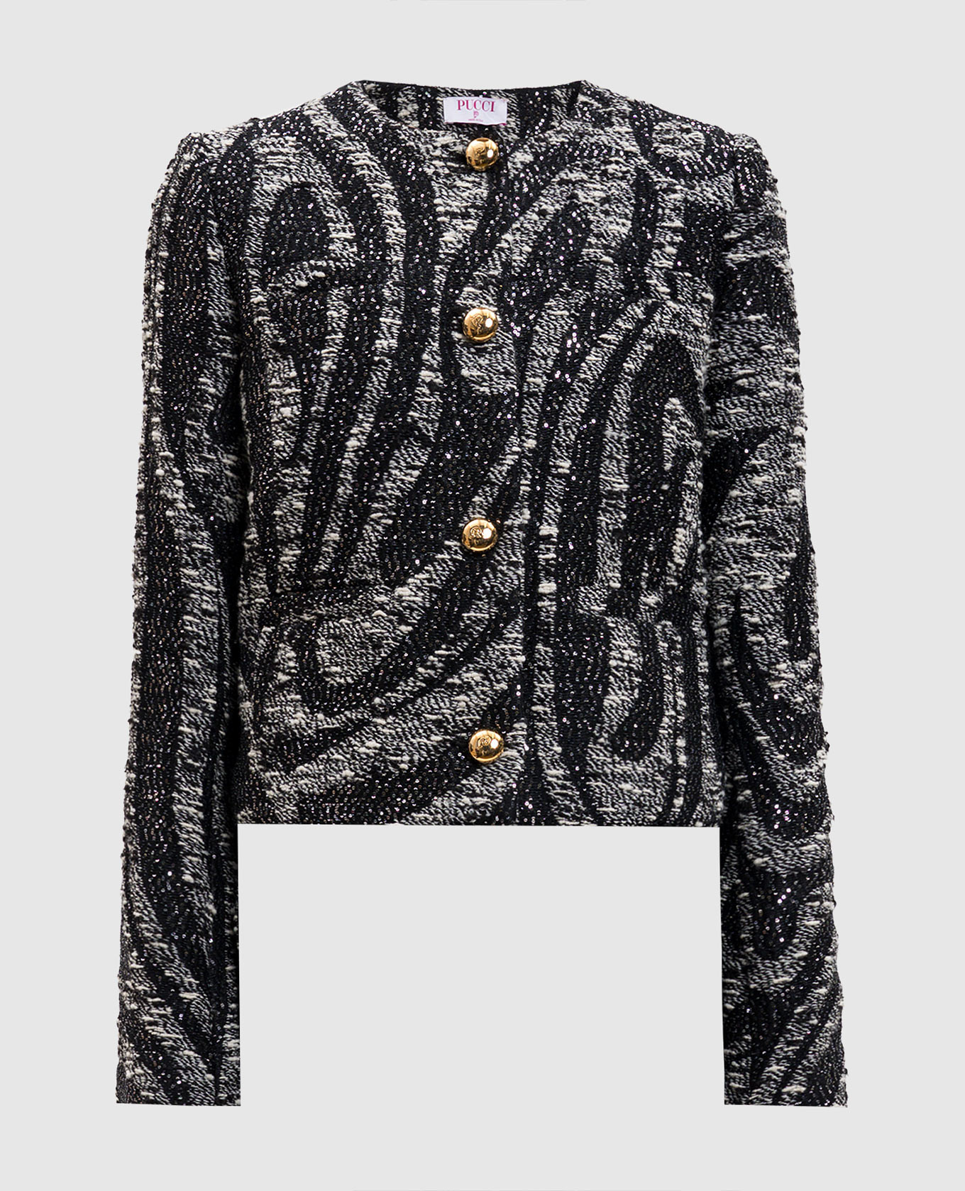 Black wool jacket with branded pattern and sequins