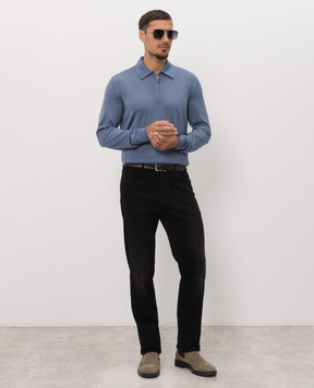 Stefano Ricci Blue polo shirt with crocodile leather inserts K606003Z16F26303