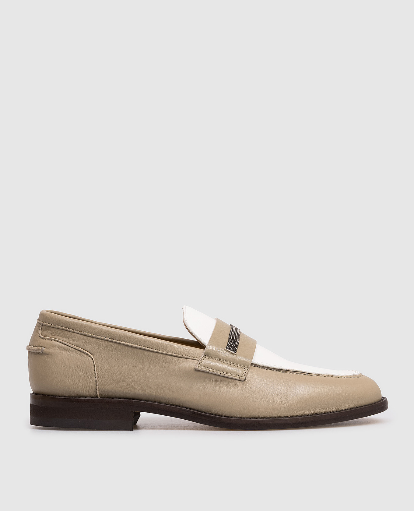 Khaki leather loafers with monil chain