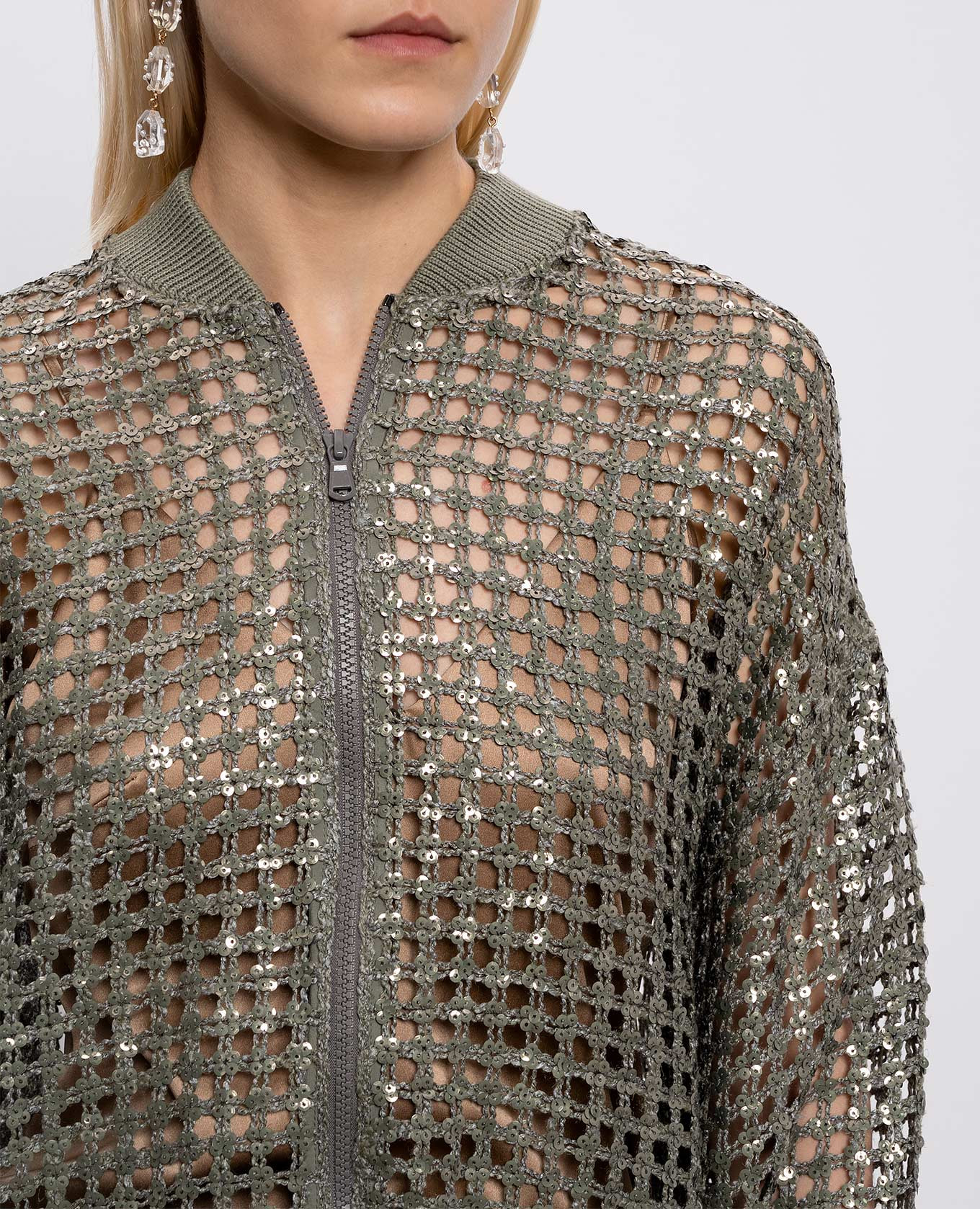 Khaki openwork cardigan made of silk and linen with sequins Brunello Cucinelli 5
