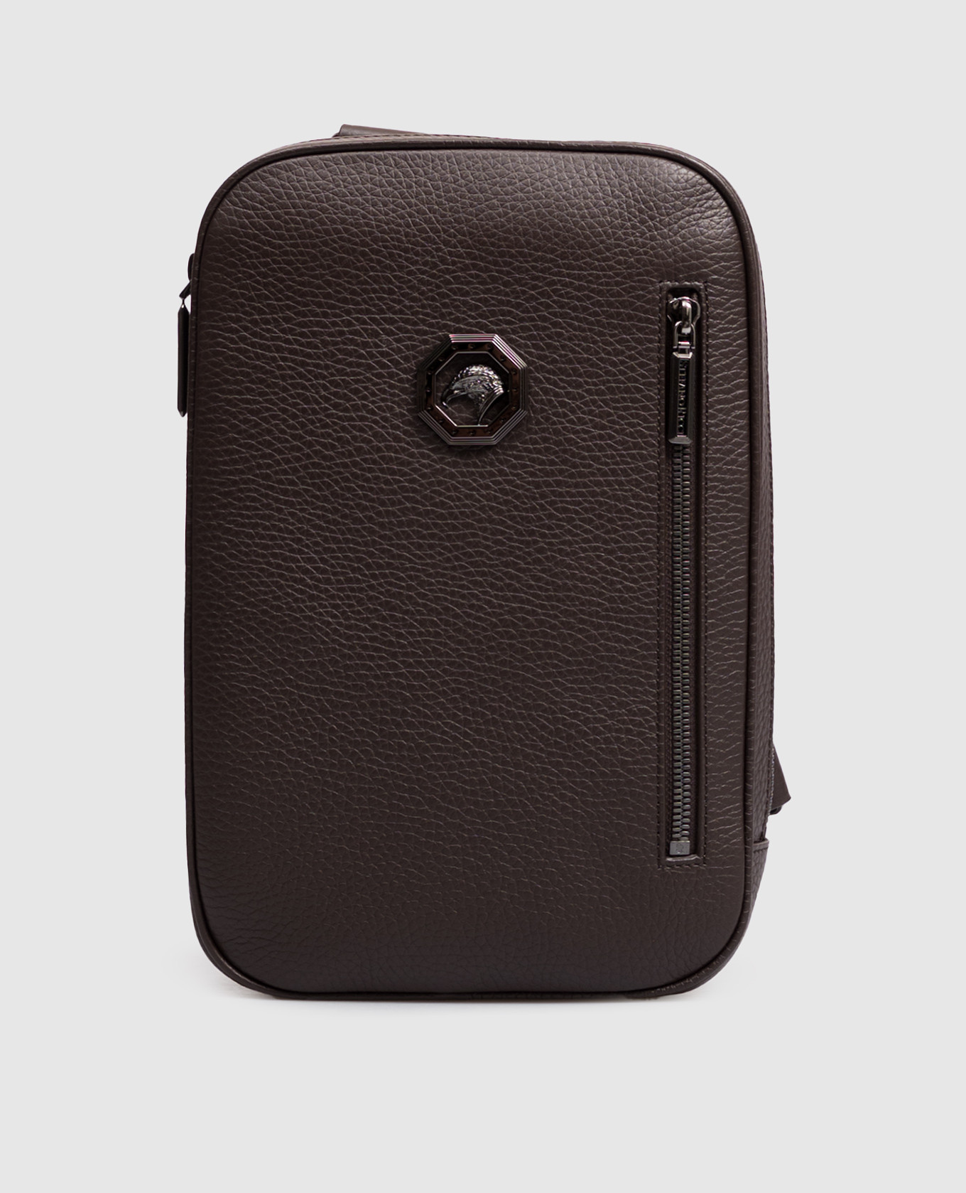 Brown leather sling bag with emblem