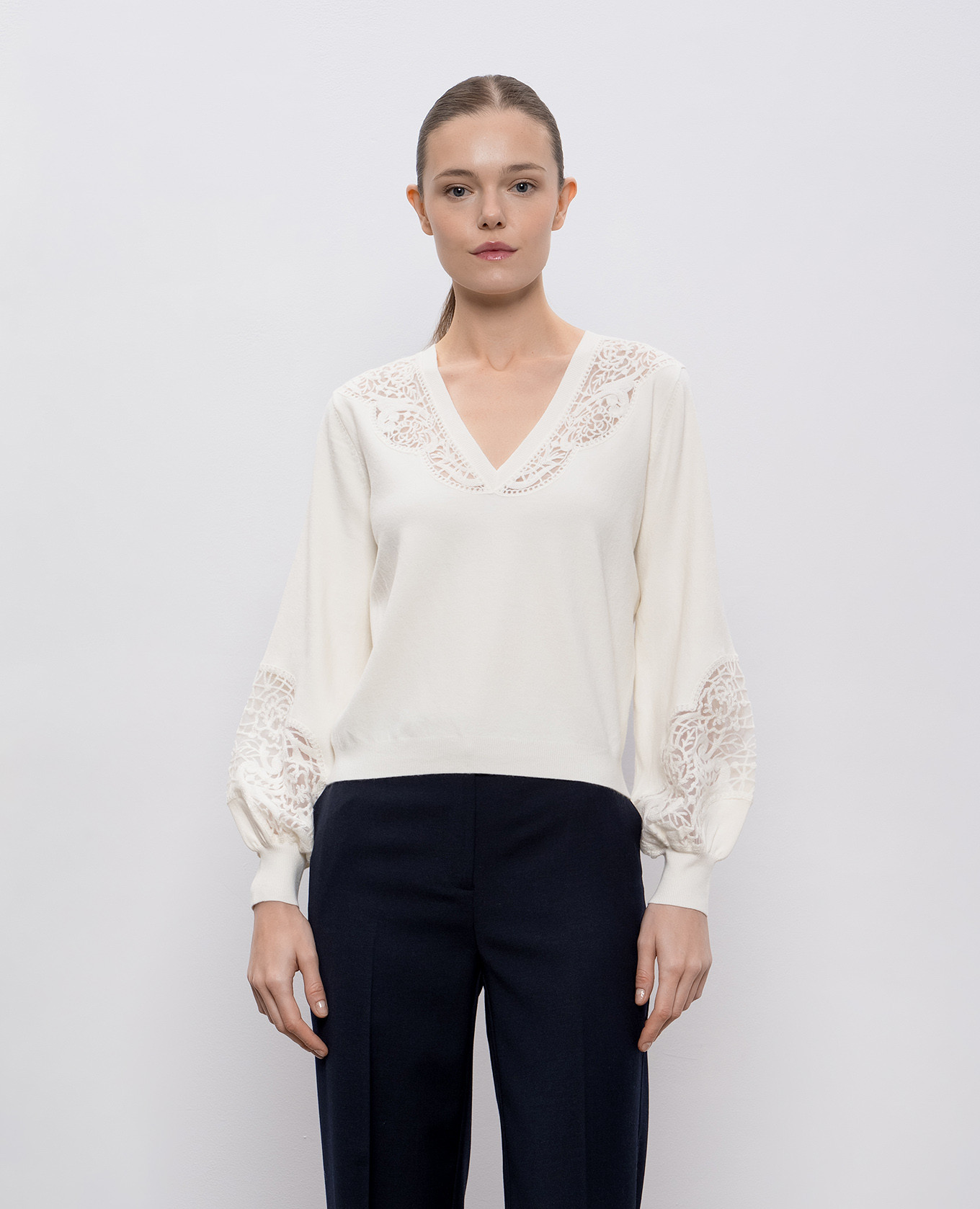 

White wool pullover with lace Twinset