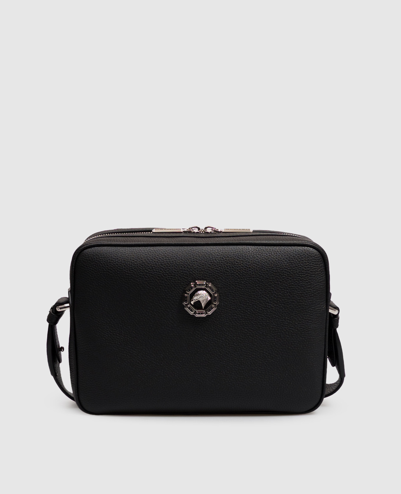 Black leather bag with emblem