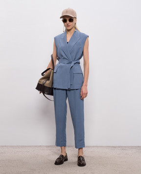 Brunello Cucinelli Blue linen pants with monil chain MH126P8292