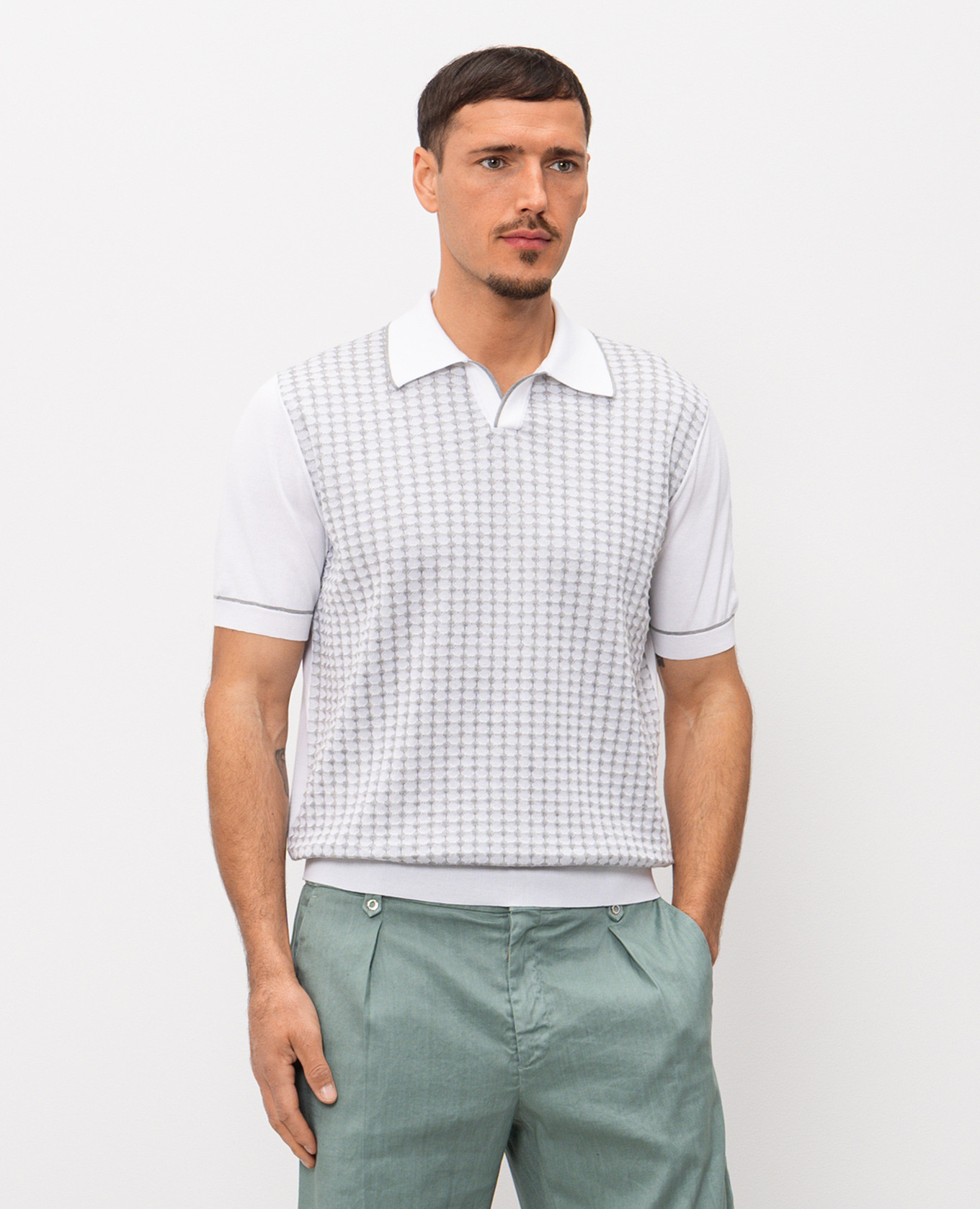 

White polo shirt with patterned silk Stefano Ricci