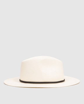 Brunello Cucinelli Ivory straw fedora hat with monil chain MCAP90036