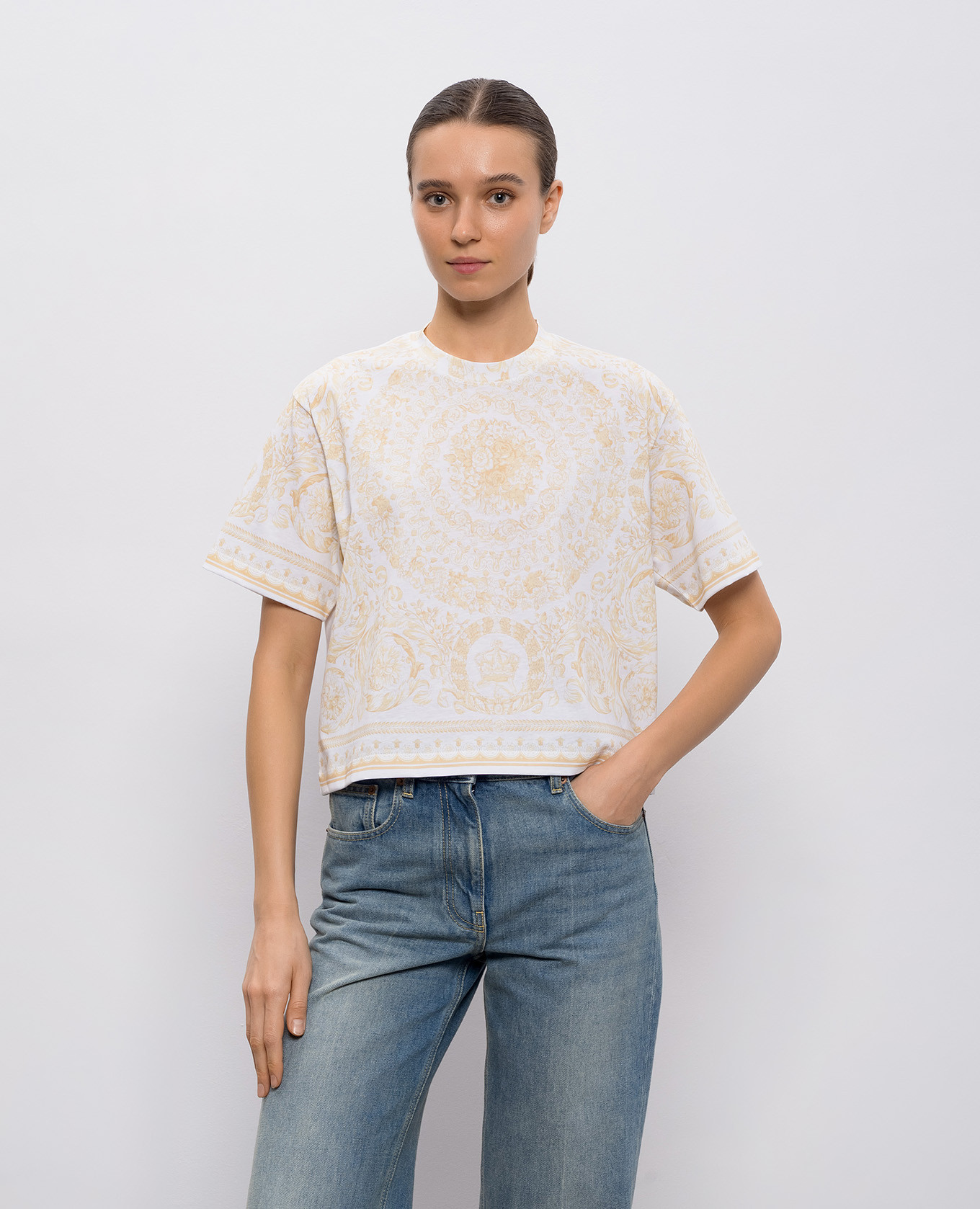 White T-shirt with Barocco Jacquard print Versace 3