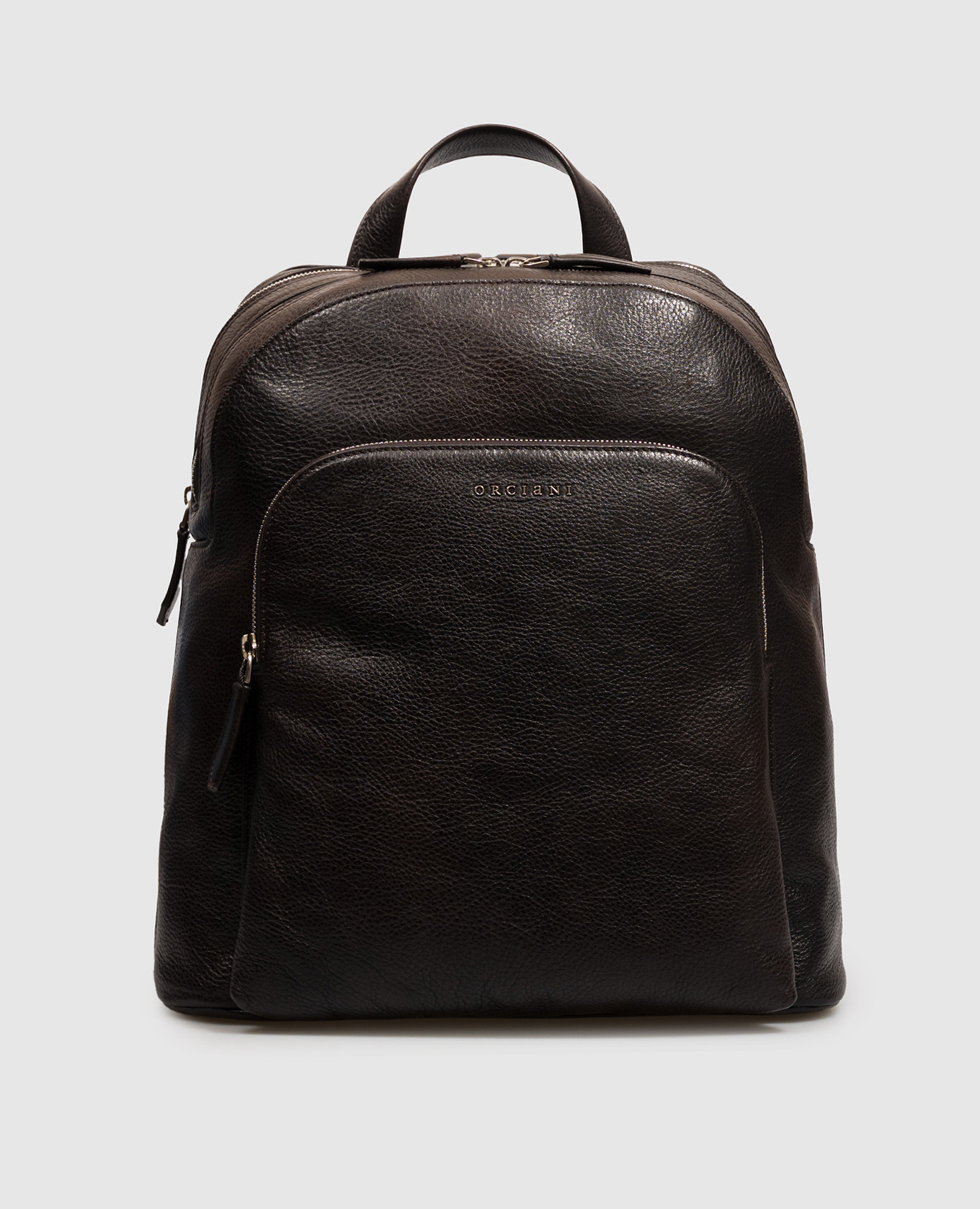 Brown leather backpack with textured logo
