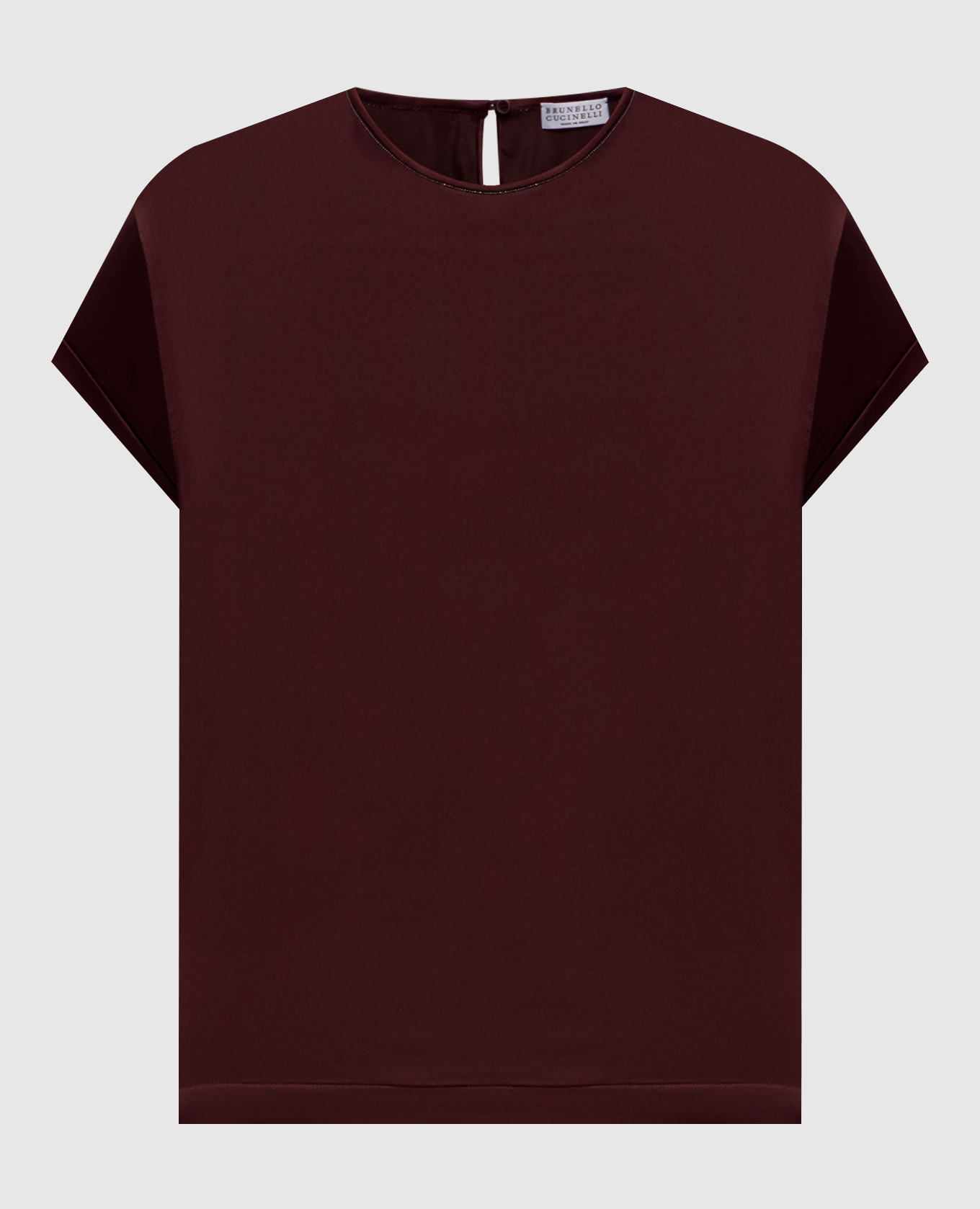Burgundy silk blouse with monil chain