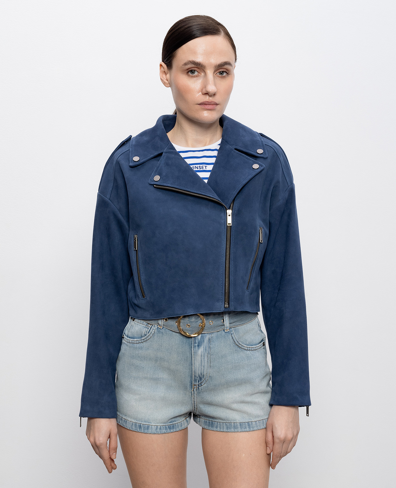 

Blue suede cropped biker jacket Babe Pay Pls