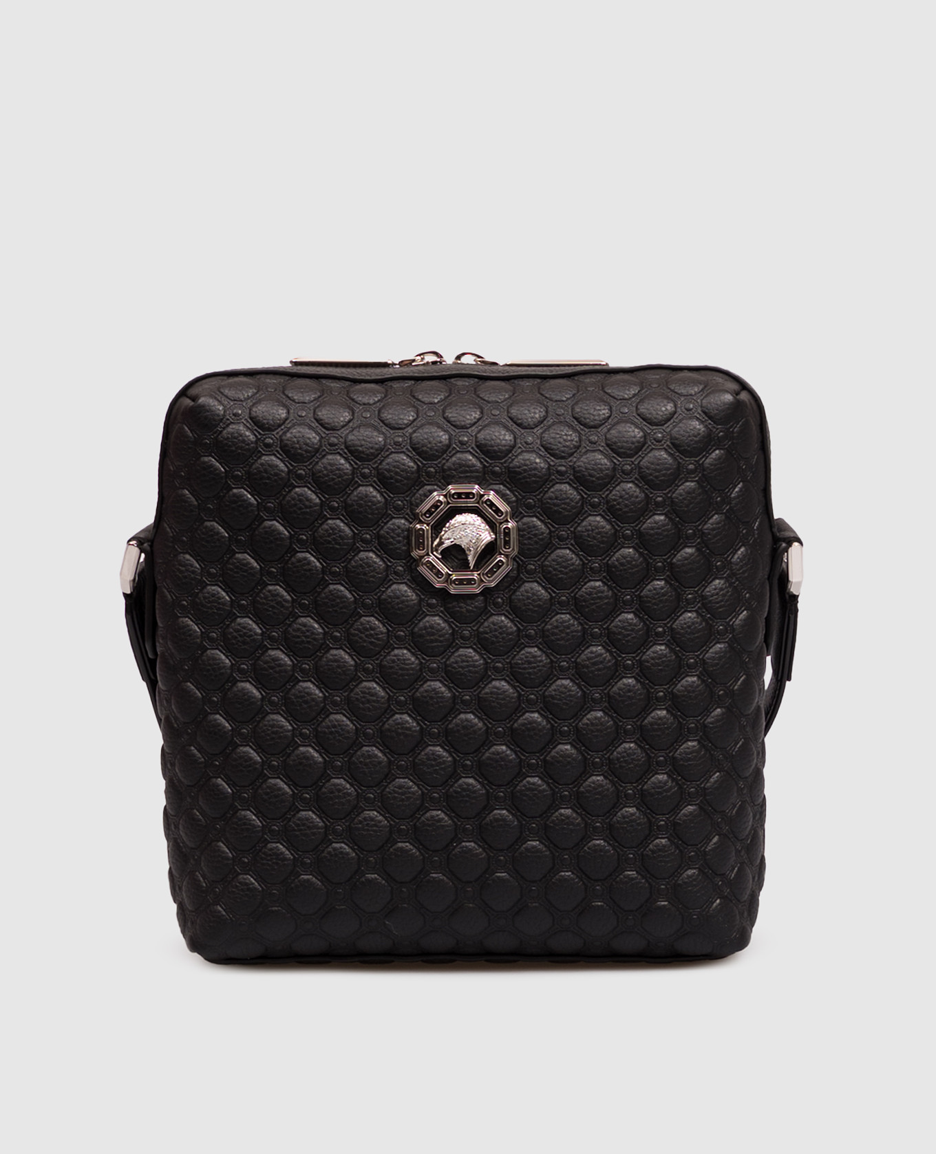 Black leather bag with emblem