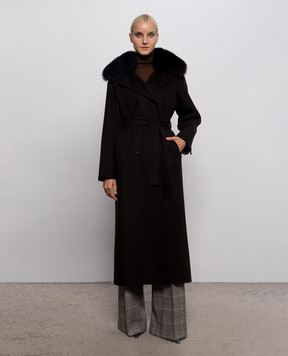 Yves Salomon Dark brown double-breasted wool and cashmere coat with fox fur 27WYM03130CARD