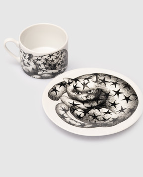 Fornasetti High Fidelity Quadrettato White Porcelain Coffee Set with Cup and Saucer P39X2893