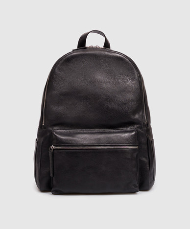 Black leather backpack with textured logo
