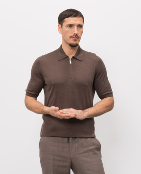 Enrico Mandelli Brown silk polo shirt with logo patch 3K065A5674