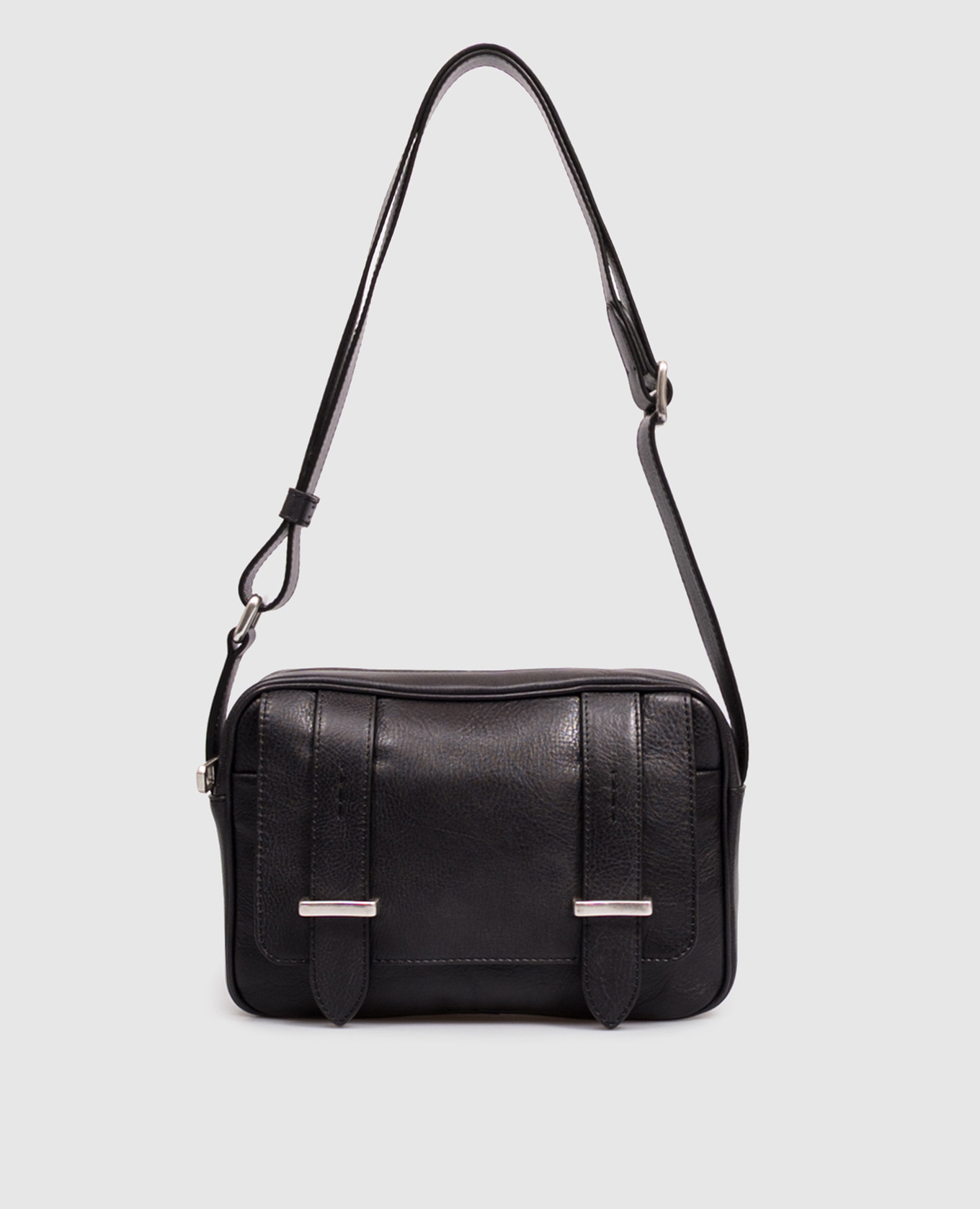 Black leather bag with textured logo