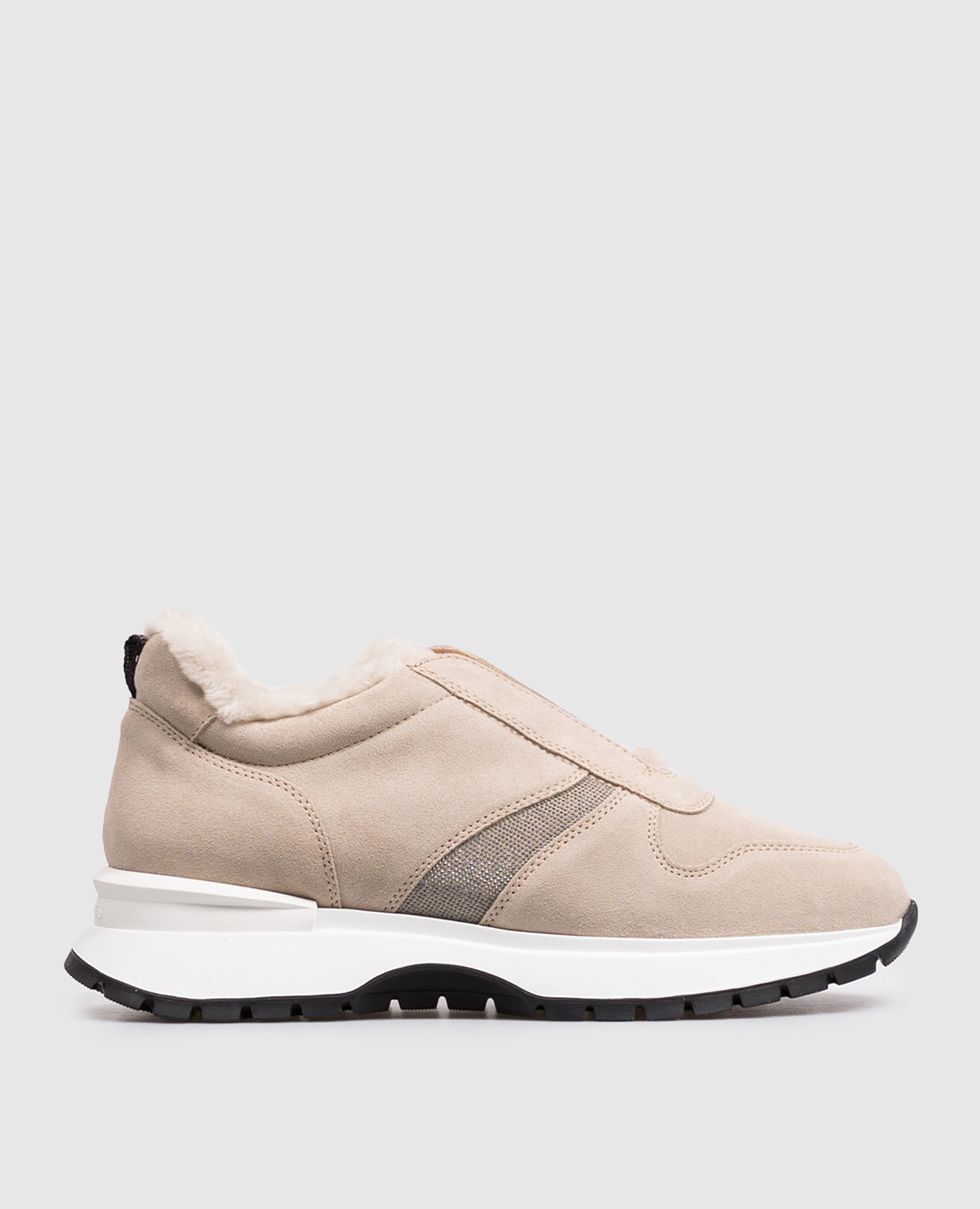 Beige suede sneakers with fur