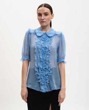 Dolce&Gabbana Blue silk blouse with ruffles F5U03TFU1UR