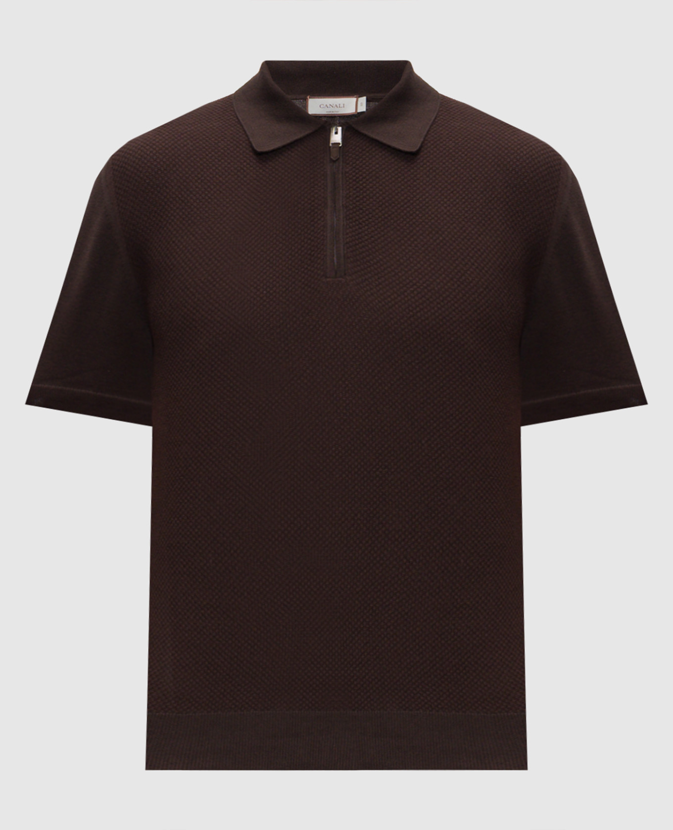 Brown cotton polo shirt with woven pattern