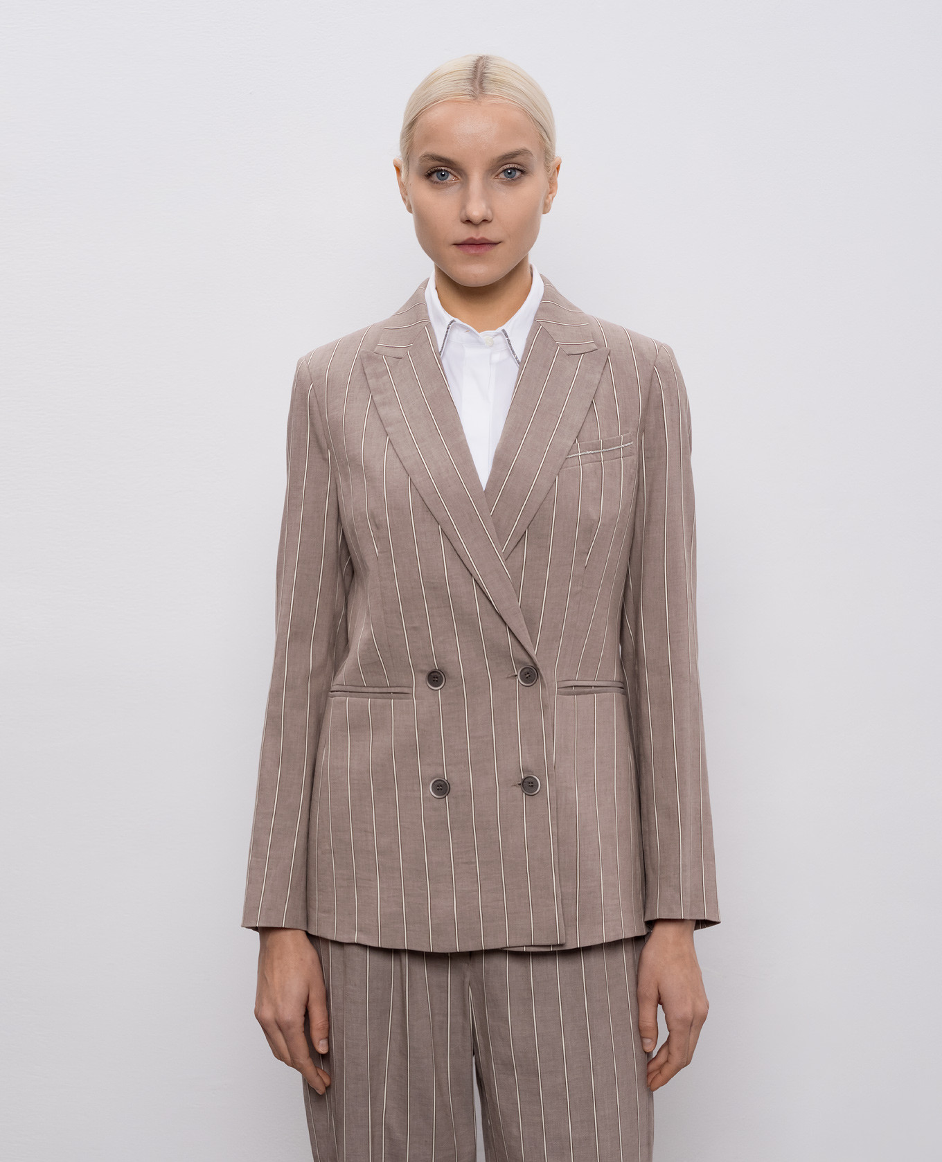 

Gray double-breasted striped jacket with linen Peserico, Grey